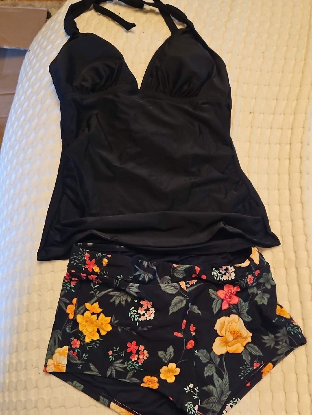 Cupshe Black Tankini with Floral High-Waist Bottoms